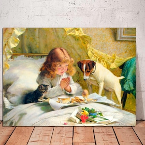 Charles Burton Barber, Suspense Art, Girl, Cat and Dog Praying, Terrier Dog Art, Childs Room Decor, Pets in Art, CANVAS Print Ready to Hang.