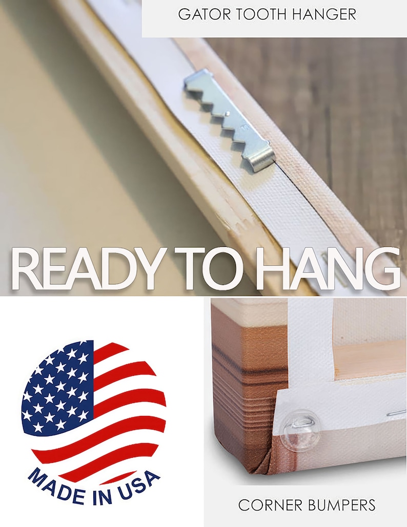 May include: A close-up of a wooden frame with a metal sawtooth hanger attached to the back. The frame is ready to hang on a wall. The frame also has clear plastic corner bumpers to protect the canvas.