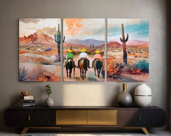 Southwestern Cowboys Canvas Print Set, Abstract Western Horse Wall Art, Ready Hang Home Decor