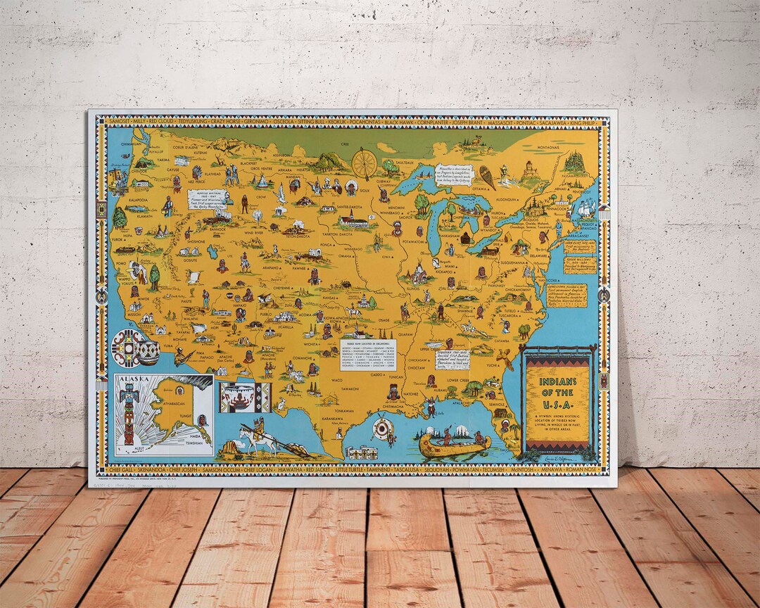 Native American Indian Tribes in the USA Pictorial Map, Vintage Art ...