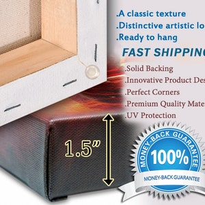 Op de afbeelding: Een canvas print met een houten frame, met een close-up van de rand. De print is 1,5 inch dik en heeft een geld-terug-garantie. De tekst "FAST SHIPPING" is zichtbaar in de afbeelding.