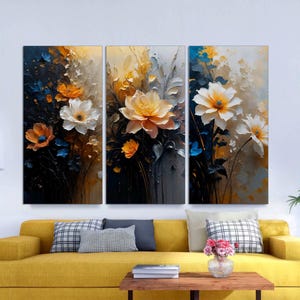 Abstract Colorful Flower Wall Art Set, 3-Panel Floral Canvas Print, Ready to Hang, Gallery Style Floral Home Decor, Botanical Large Wall Art