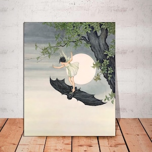 CANVAS READY to HANG, Vintage Fairy Riding a Bat Art Print, Ida Rentoul Outhwaite illustration, Antique Fairy Tale Wall Art, Full Moon Art.