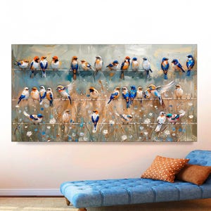 Antique Bird Art Canvas Print Panoramic Large Farmhouse Wall Decor Colorful Birds Wall Art Bird Watcher Gift Home Decor for Bird Lovers Art