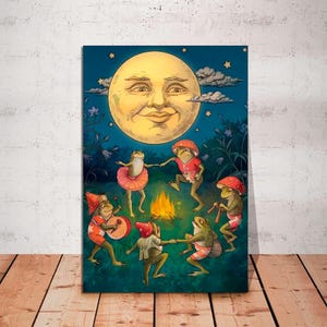 May include: A whimsical illustration of a moon with a smiling face, surrounded by five frogs dancing around a campfire in a forest setting. The frogs are wearing red and white outfits and have mushroom caps.