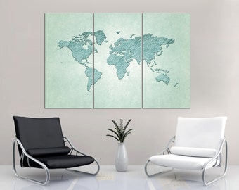 World Map Canvas Print Wall Art - 3 Panel Split Triptych or Single ...