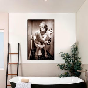 Canvas Print, Large Wall Art, Funny Decor, Woman Sitting on Toilet, Girl Make Up Toilet Art, Modern New Bathroom Gift Canvas Ready to Hang.