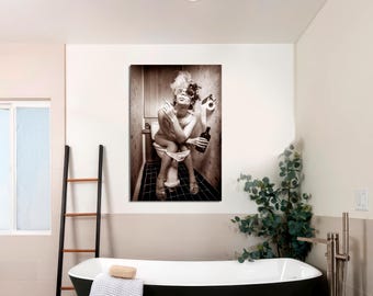 Humorous Bathroom Canvas Print: Fashion Girl Drinking - Ready to Hang