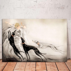 Canvas Deco, Fashion Lady, Greyhound Dogs Coursing by Louis Icart, French Vintage Canvas Modern Art, Fashion Art CANVAS Print Ready to Hang.