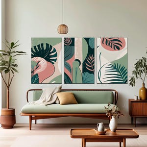 Large Floral Canvas Wall Art Prints Set of 3 Tropical Leaves Abstract Shapes Illustrations Mid Century Modern Art Boho Decor Ready to Hang.