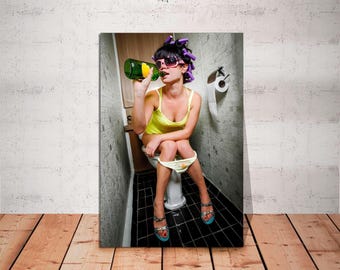 Funny Bathroom Canvas Print: Toilet Girl Drinking - Modern Restroom Wall Art