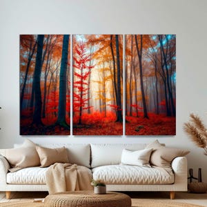 Arte de pared de bosque de hojas rojas, lienzo dividido de 3 paneles, decoración moderna de naturaleza otoñal con niebla, impresión grande de niebla de bosque rojo para sala de estar, listo para colgar