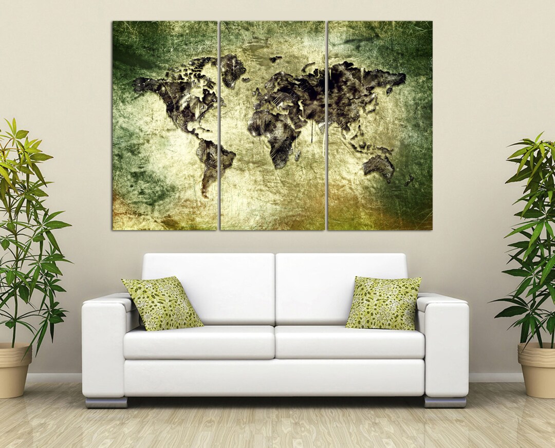 3 Panel Split Art World Map Canvas Print, Green Dramatic Look. 1.5 ...
