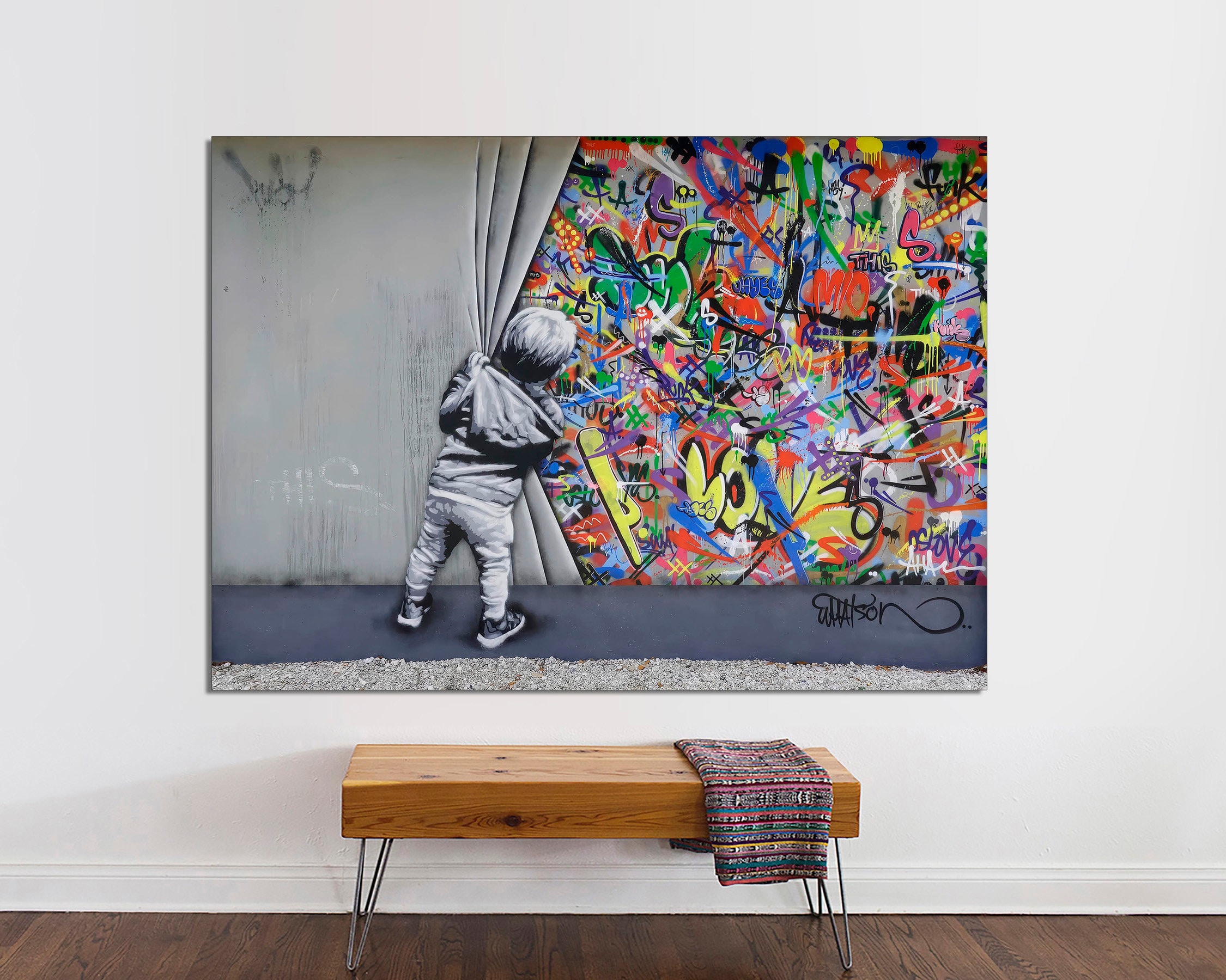 Banksy Behind the Curtain Canvas Print: Graffiti Art, Ready to