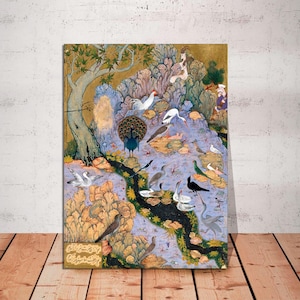 Concourse of The Birds - Habiballah of Sava, Traditional Persian Miniature, Iranian Art, Vintage Bird Art,  Bird Art, CANVAS READY to HANG.