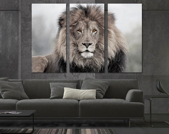 African Lion Canvas Art: 3 Panel Split, Giclee Print