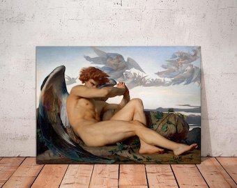 May include: A framed print of a classical painting depicting a nude figure with red hair and large wings, reclining on a rocky outcrop. The artwork features a dramatic sky with other figures in the background, and is displayed against a white wall and wooden floor.