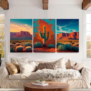 Colorful Desert Scene 3-Panel Canvas Print, Southwest Landscape Art, Arizona Desert Wall Decor Vibrant Cactus Southwestern Art Ready to Hang