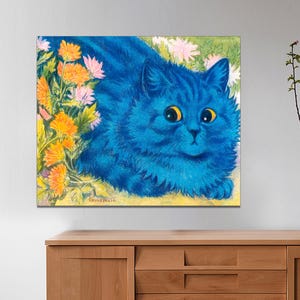 May include: A blue cat with yellow eyes is lying down in a field of flowers. The cat is surrounded by yellow and pink flowers. The cat's fur is very fluffy and soft. The painting is by Louis Wain.