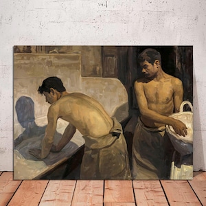 May include: A painting depicting two men in a dimly lit room. One man is washing his hands in a basin, while the other man is standing nearby. The painting is done in a realistic style with muted colors.