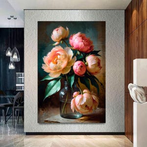 Moody Pink Peonies Painting Print, Vintage Floral Print, Flower Art, Canvas Print, Flower Fine Art Print, Large Wall Art Print Ready to Hang