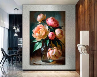 Moody Pink Peonies Vintage Floral Canvas Print: Ready to Hang