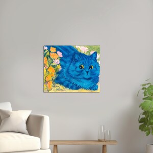 May include: A blue cat with yellow eyes is lying in a field of yellow and orange flowers. The cat is looking directly at the viewer.