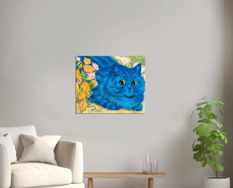 May include: A blue cat with yellow eyes is lying in a field of yellow and orange flowers. The cat is looking directly at the viewer.