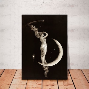 CANVAS READY to HANG, Vintage Art Nouveau Print, Vintage Moon, Crescent Moon, Vintage Poster, Moon Witch Art, Woman and Moon, Moon and Stars