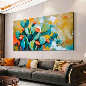Cactus Painting Wall Art, Southwest Wall Art, Rustic Desert Decor, Framed Canvas Print Agave Boho Extra Wide Modern Canvas Art Ready to Hang