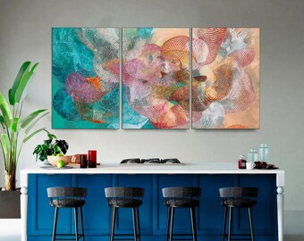 Abstract Canvas Wall Art: Blue Turquoise Modern Landscape, 3-Panel Split