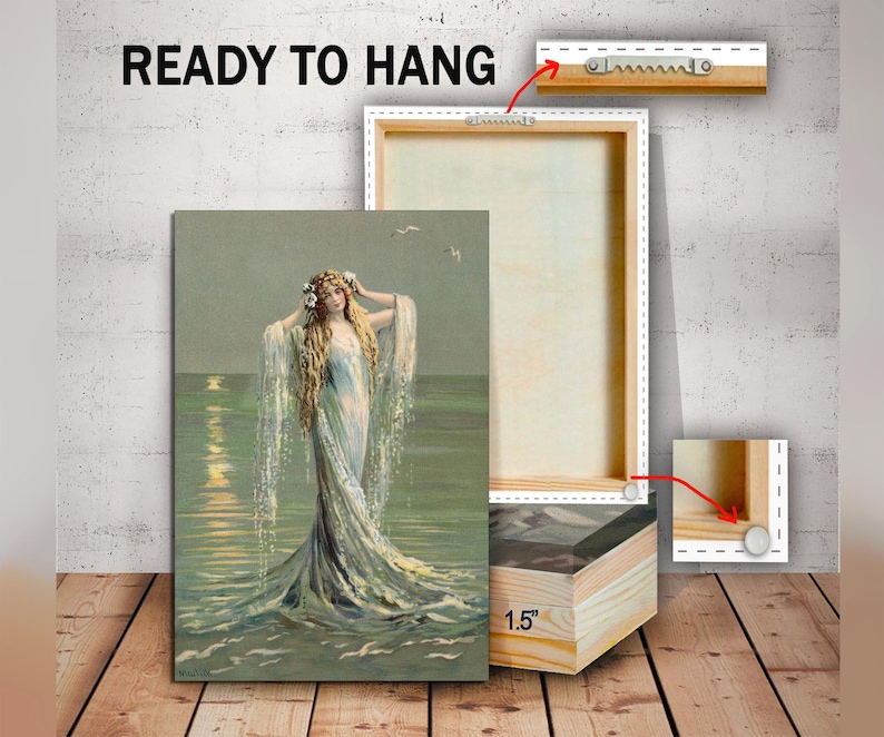 May include: A vintage-style canvas print of a woman with long flowing hair, wearing a flowing white dress, standing in the ocean. The print is ready to hang and has a 1.5 inch deep frame.