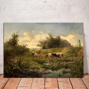 Cattle Grazing Canvas Print: Vintage Farmhouse Landscape Art, Ready to Hang