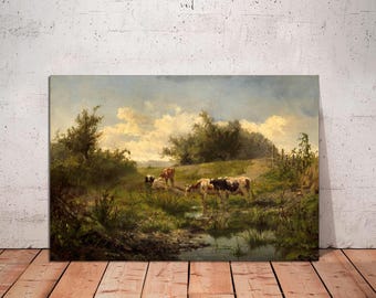 Cattle Grazing Canvas Print: Vintage Farmhouse Landscape Art, Ready to Hang