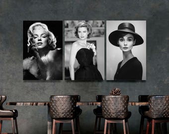 Marilyn Monroe, Audrey Hepburn, Grace Kelly Canvas Print Set: Vintage Hollywood Glam