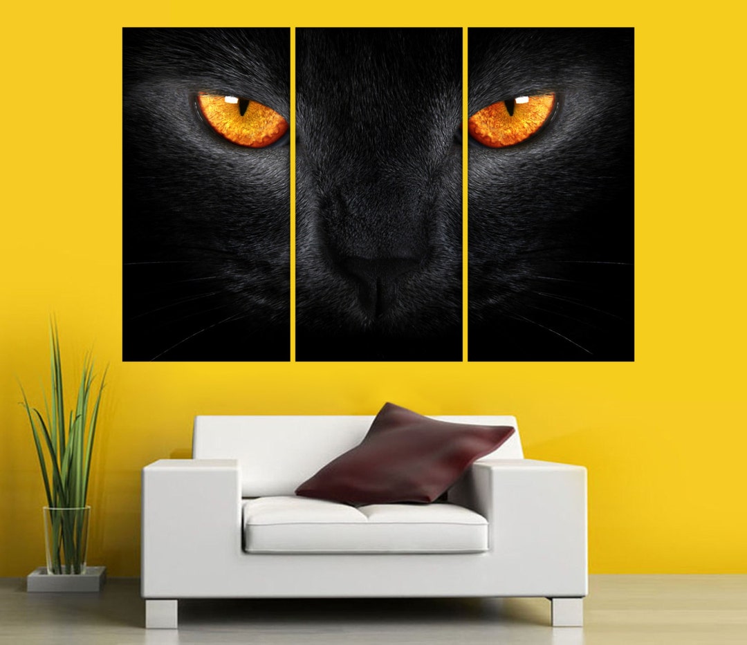 3 Panel Split Black Cat Canvas Print With Orange Eyes .gallery - Etsy