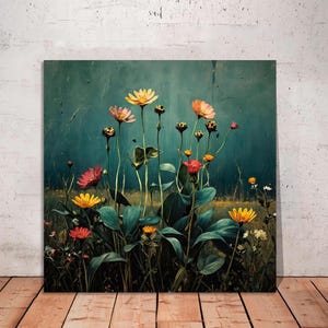 Wildflower Field Framed Wall Art, Vintage Botanical Landscape, Floral Decor, Modern Farmhouse Canvas Art, Field of Flowers Canvas Print
