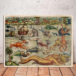 May include: A vintage illustration depicting a variety of sea creatures, including a large lobster, a crab, a fish, and a sea serpent. The illustration is in a colorful style with a light blue background and features a variety of colors, including red, orange, yellow, green, and blue.