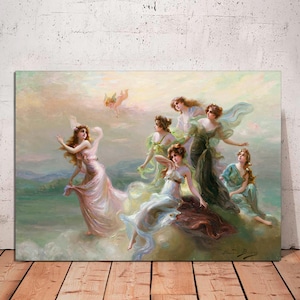 May include: A vintage-style canvas print featuring a classical painting of several women in flowing gowns. The women are depicted in a dreamy, ethereal setting with soft colors and a cherub in the sky. The artwork evokes a sense of grace and beauty.