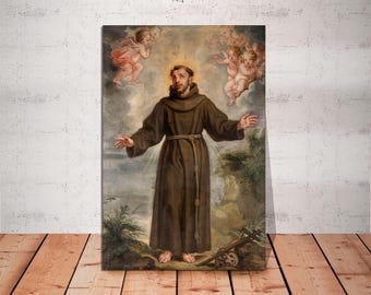 May include: A painting of a man in a brown robe with his arms outstretched. He is surrounded by angels with wings. The painting is set against a cloudy sky.