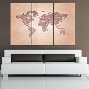 3 Panel Split Pencil Effect Art World Map Canvas Print. 1.5" Deep ...