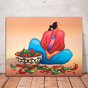 Arte de fiesta de chile, mujeres navajo, arte vintage de R.C. Gorman, impresión de chile Gorman, lienzo de mujeres navajo, lienzo de indios americanos LISTO para COLGAR.