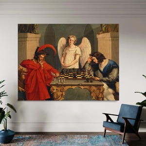 May include: A large framed canvas print of a classical painting depicting a chess game. The artwork features three figures: a person in a red robe, an angel, and a person in a blue tunic, all gathered around a chessboard.