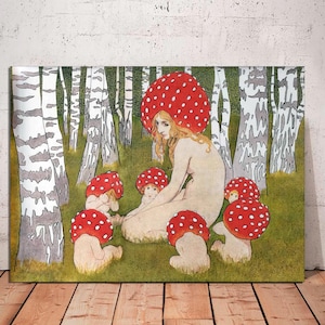 Madre hongo con sus hijos, Edward Okun, impresión artística vintage de hongos, arte mural de hongos, arte forestal antiguo, arte en lienzo listo para colgar