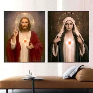 Jesus and Mary Sacred Heart Vintage Canvas Prints Set of 2, Bosseron Chambers Catholic Christian Religious Wall Art, Immaculate Heart Decor.