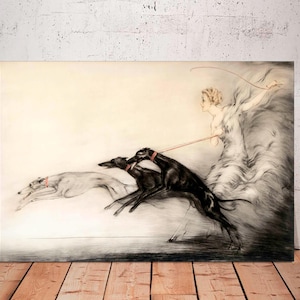 Canvas Deco, Fashion Lady, Greyhound Dogs Coursing by Louis Icart, French Vintage Canvas Modern Art, Fashion Art CANVAS Print Ready to Hang.