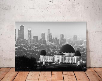 Los Angeles Skyline Canvas Art: Griffith Observatory, Black and White Cityscape