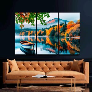 Lake Wall Art 3-Panel Canvas, Blue Mountain Tree Landscape Nature Print Framed Large Scenic Wall Decor for Living Room Bedroom Ready to Hang