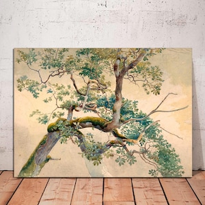 May include: A watercolor painting of a tree with green leaves and branches. The tree is depicted against a light background with hints of yellow and brown.