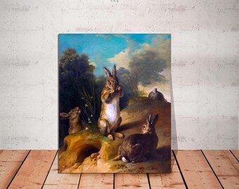 Vintage Rabbit Painting: Spring Bunny Canvas Print, Farmhouse Easter Decor